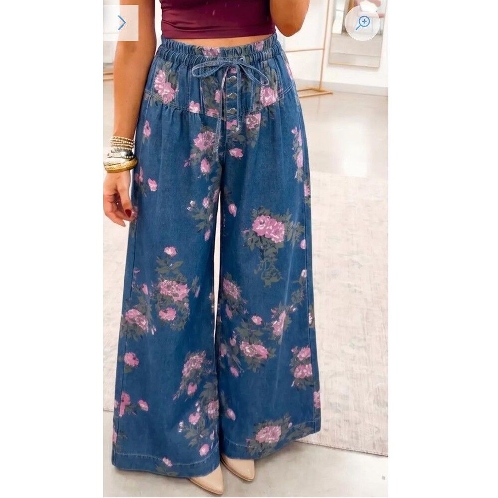 Lovlov Floral Denim Wide Leg Pants Size Small Comfort Waist Pintuck Detail